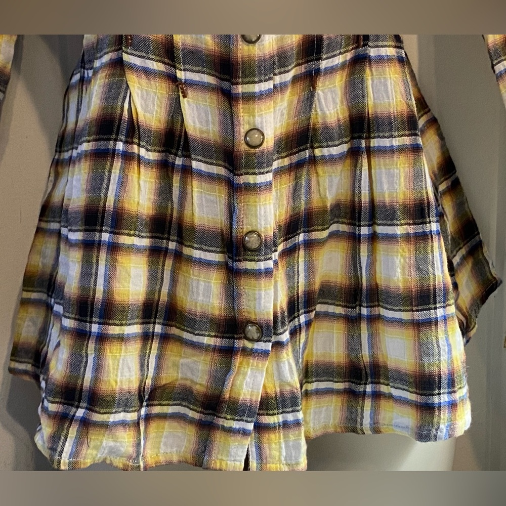 EUC yellow plaid blouse,Free People,pintuck waist, peplum,crochet trim,size S - Picture 5 of 14